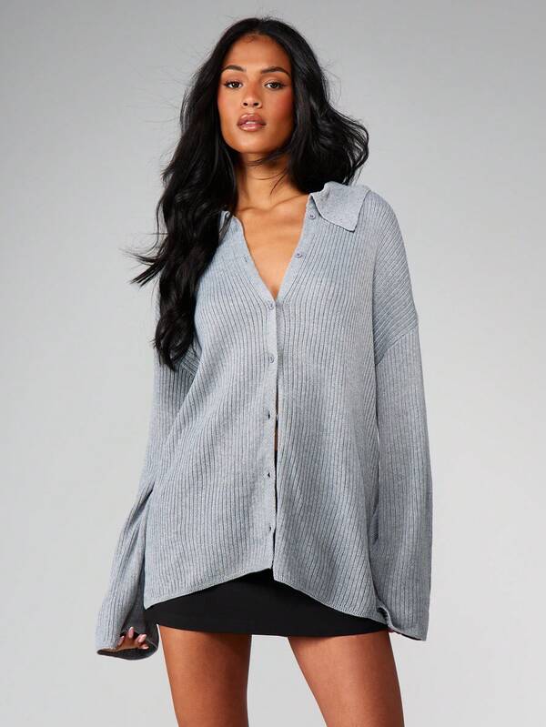 Missguided MISSGUIDED Ribbed Knit Button Front Cardigan With Collar