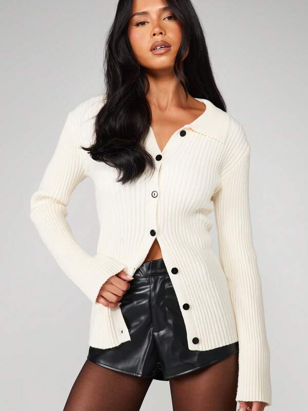 missguided MISSGUIDED Ribbed Knit Button Front Cardigan