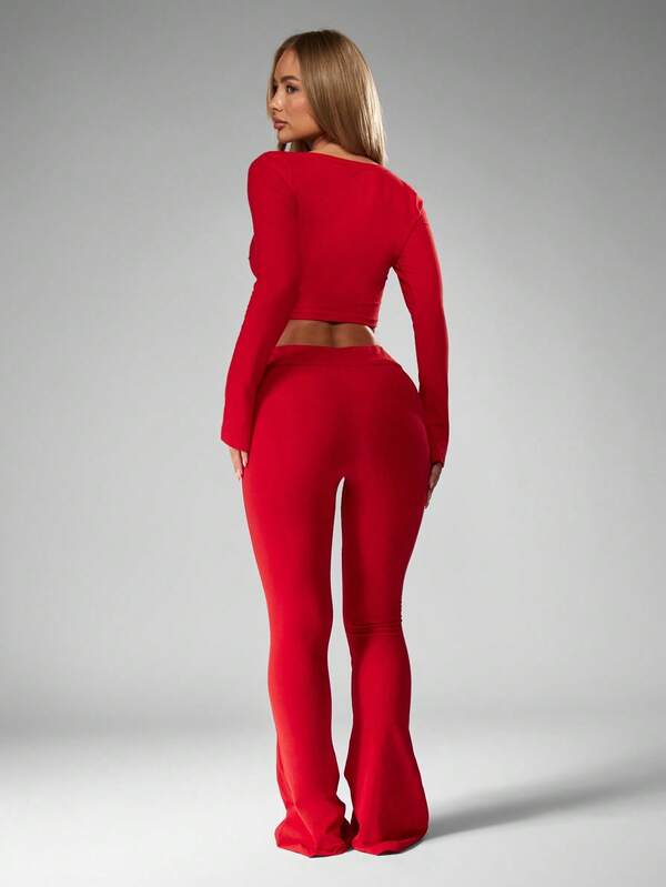 Missguided MISSGUIDED Ribbed Knit Button Front Crop Top And Flare Pants Set