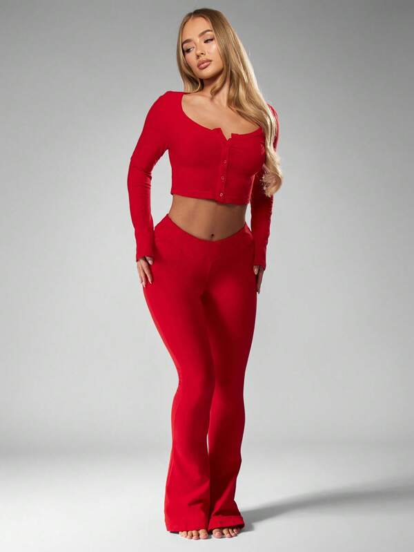 Missguided MISSGUIDED Ribbed Knit Button Front Crop Top And Flare Pants Set