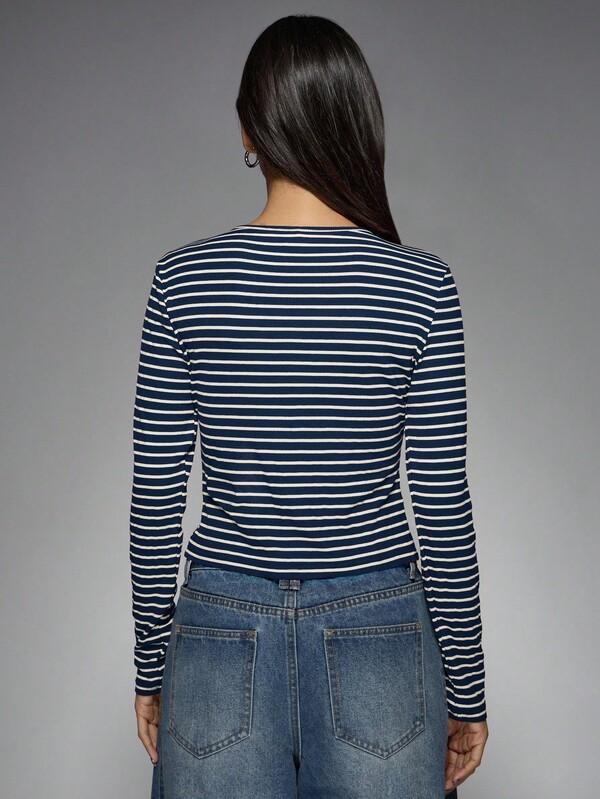 Missguided MISSGUIDED Ribbed Knit Button Front Crop Top With Nautical Stripes