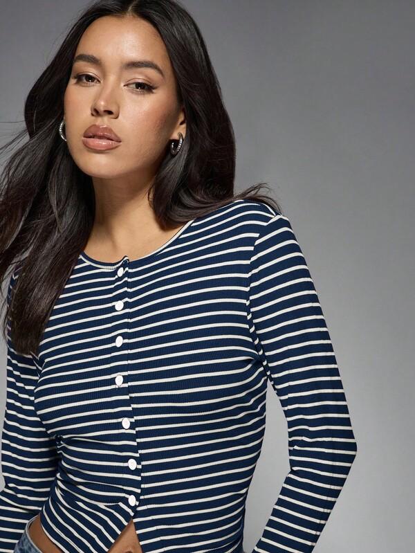 Missguided MISSGUIDED Ribbed Knit Button Front Crop Top With Nautical Stripes