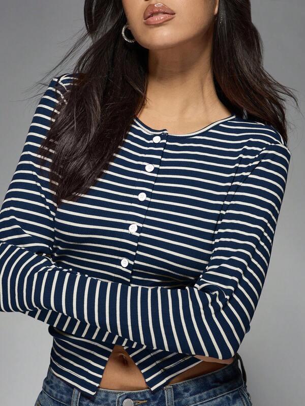 Missguided MISSGUIDED Ribbed Knit Button Front Crop Top With Nautical Stripes