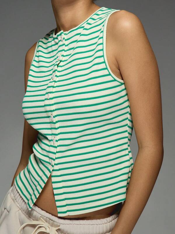 Missguided MISSGUIDED Ribbed Knit Button Front Tank With Stripes
