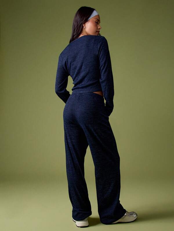 Missguided MISSGUIDED Ribbed Knit Button Up Crop Top And Wide Leg Pants