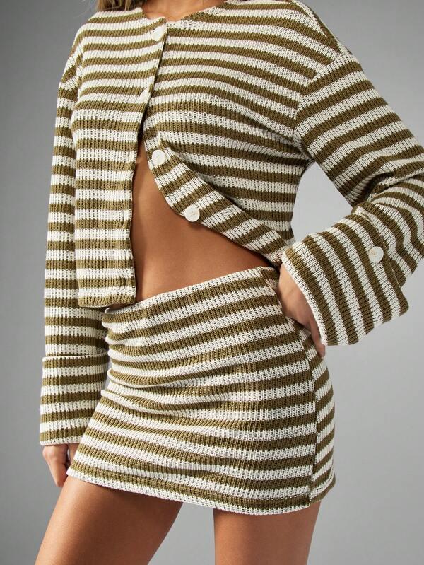 Missguided MISSGUIDED Ribbed Knit Button-Up Cropped Cardigan Mini Skirt Two Piece Outfit