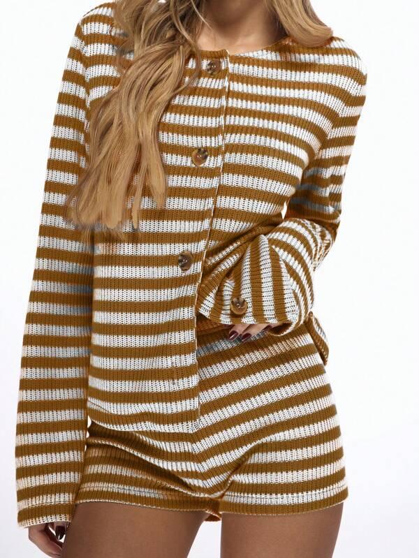 Missguided MISSGUIDED Ribbed Knit Button Up Long Sleeve Biker Shorts Co Ord Set