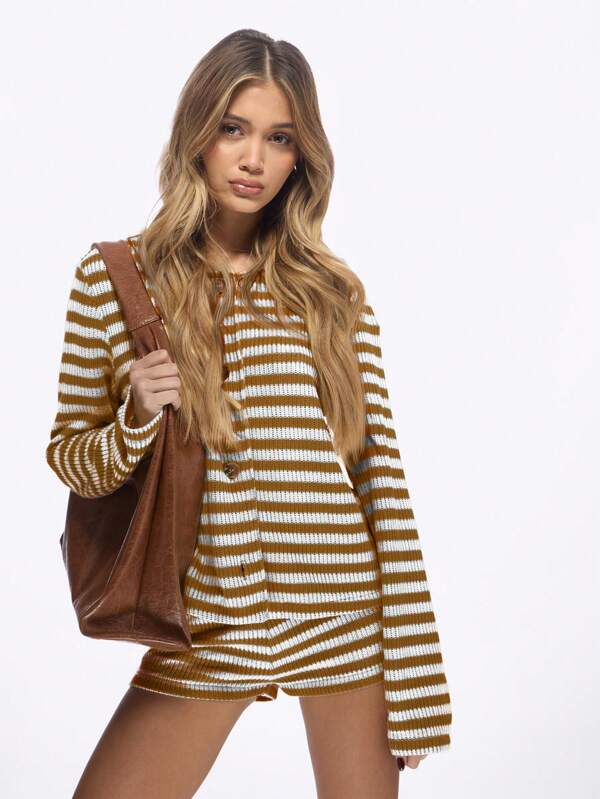 Missguided MISSGUIDED Ribbed Knit Button Up Long Sleeve Biker Shorts Co Ord Set
