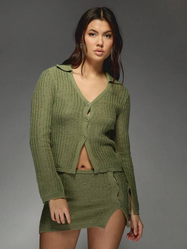 Missguided MISSGUIDED Ribbed Knit Cardigan And Mini Skirt Set With Buttons