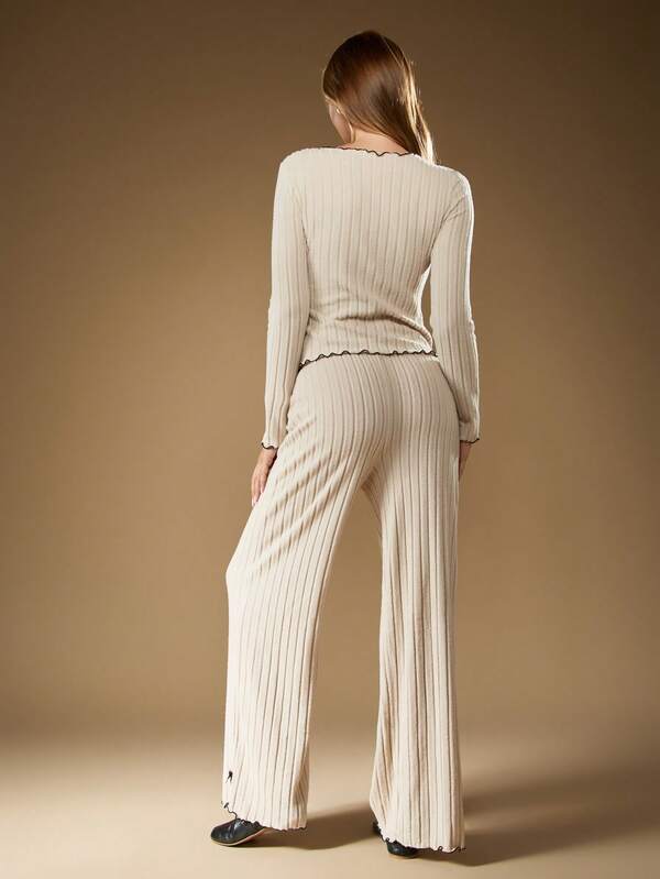 Missguided MISSGUIDED Ribbed Knit Cardigan And Wide Leg Pants With Bow Details