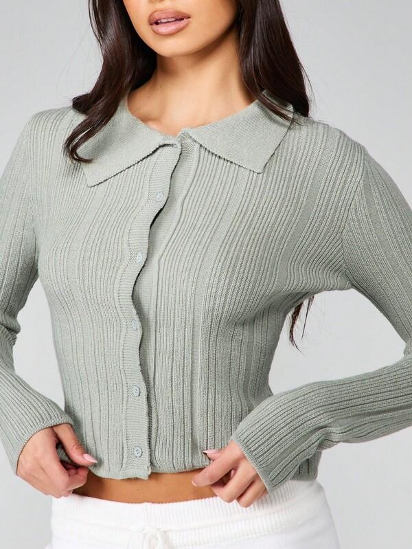 Missguided MISSGUIDED Ribbed Knit Cardigan With Collar And Button Front