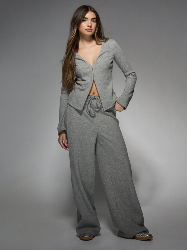 missguided MISSGUIDED Ribbed Knit Cardigan With Wide Leg Lounge Pants