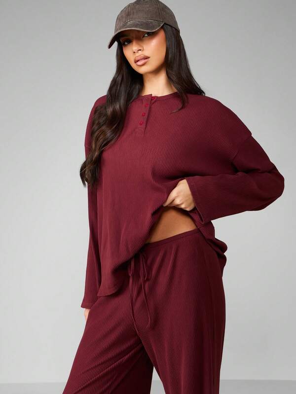Missguided MISSGUIDED Ribbed Knit Co-Ord Set With Wide Leg Pants