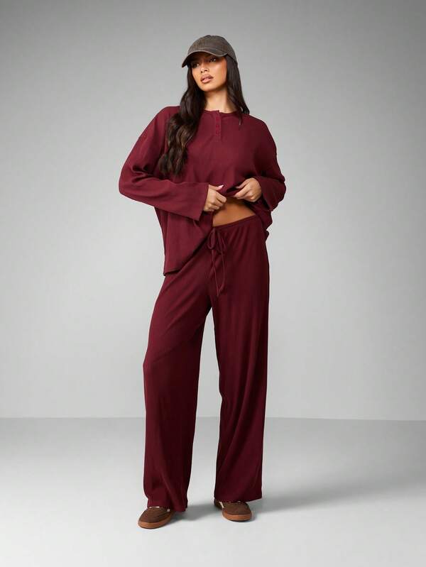 Missguided MISSGUIDED Ribbed Knit Co-Ord Set With Wide Leg Pants