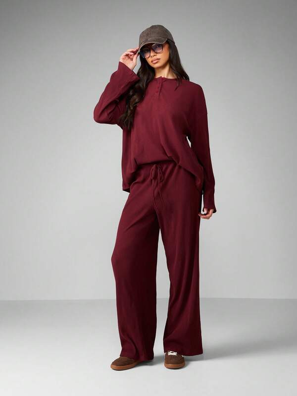 missguided MISSGUIDED Ribbed Knit Co-Ord Set With Wide Leg Pants