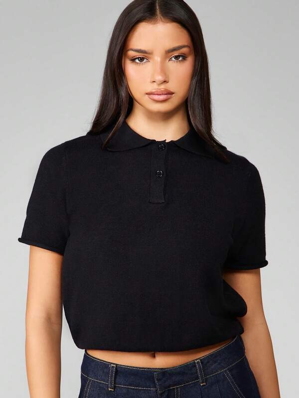 Missguided MISSGUIDED Ribbed Knit Crop Polo Top With Button Front