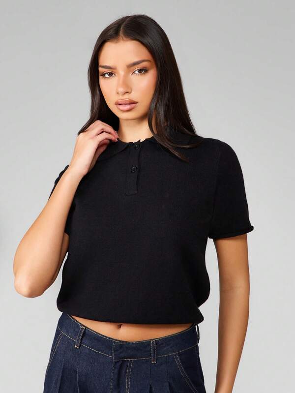 missguided MISSGUIDED Ribbed Knit Crop Polo Top With Button Front