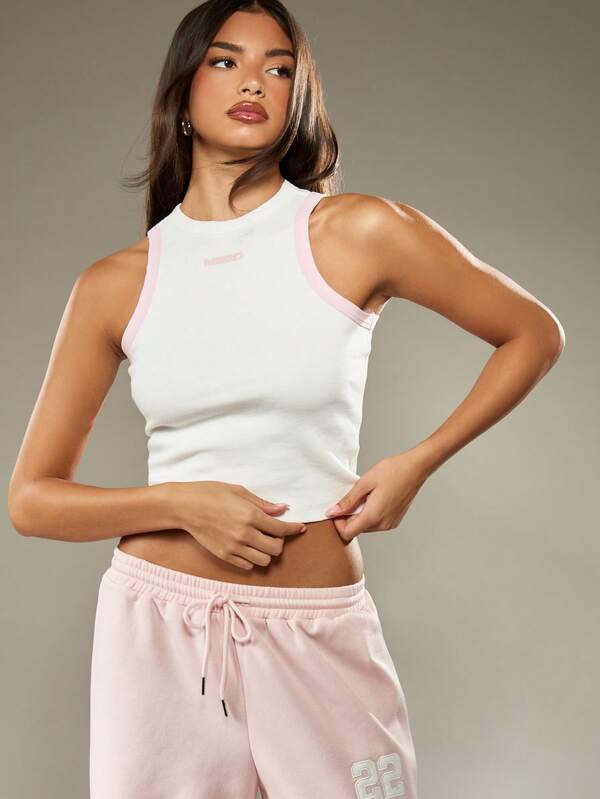 Missguided MISSGUIDED Ribbed Knit Crop Tank With Pink Trim