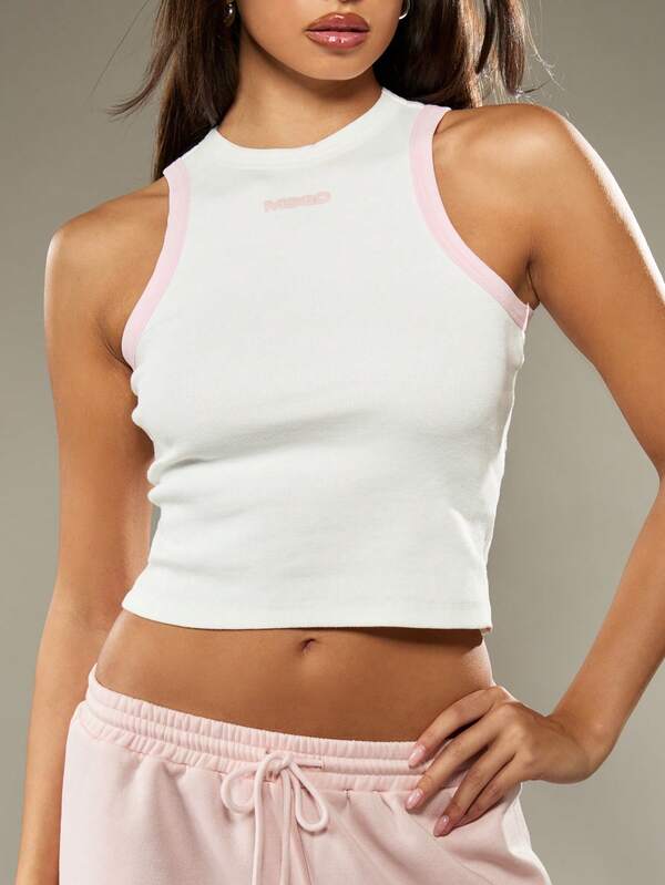 missguided MISSGUIDED Ribbed Knit Crop Tank With Pink Trim