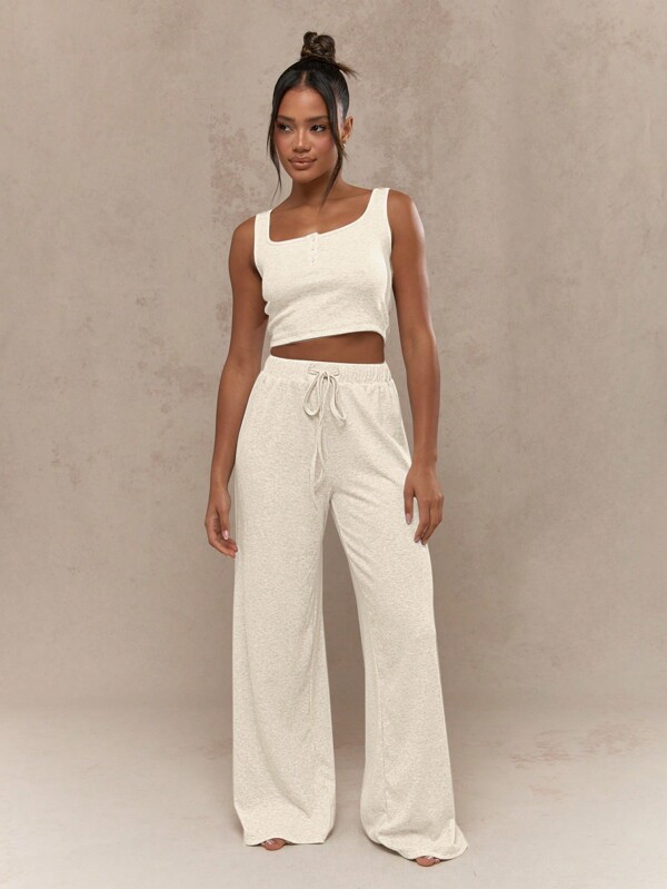 missguided MISSGUIDED Ribbed Knit Crop Top Wide Leg Set