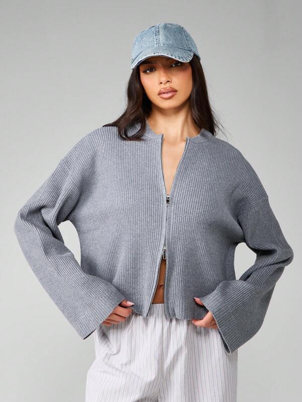 missguided MISSGUIDED Ribbed Knit Cropped Cardigan With Bell Sleeves
