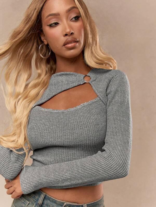 Missguided MISSGUIDED Ribbed Knit Cut Out Ring Detail Crop Long Sleeve Sweater