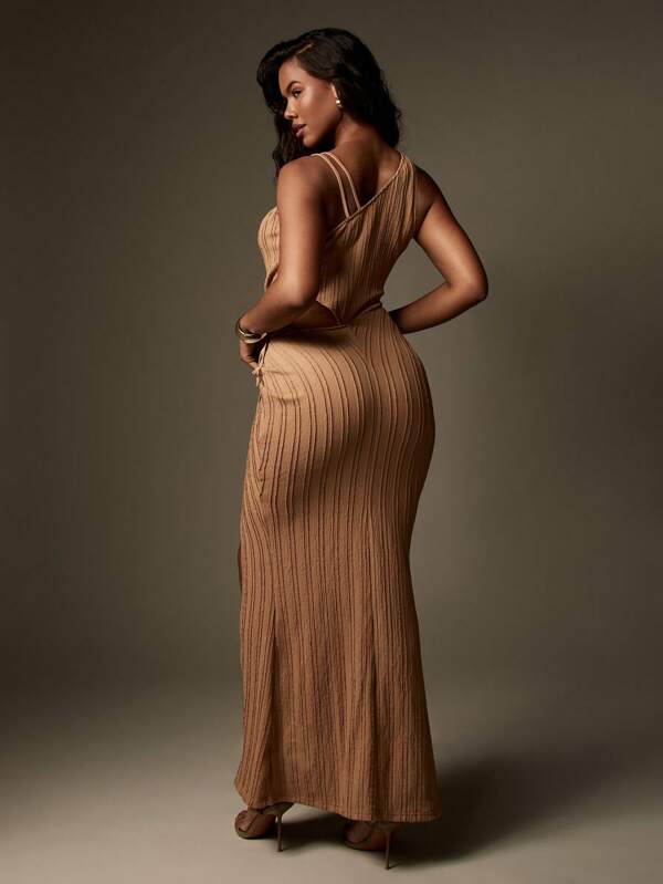 Missguided MISSGUIDED Ribbed Knit Draped Wrap Side Slit Women Long Dress