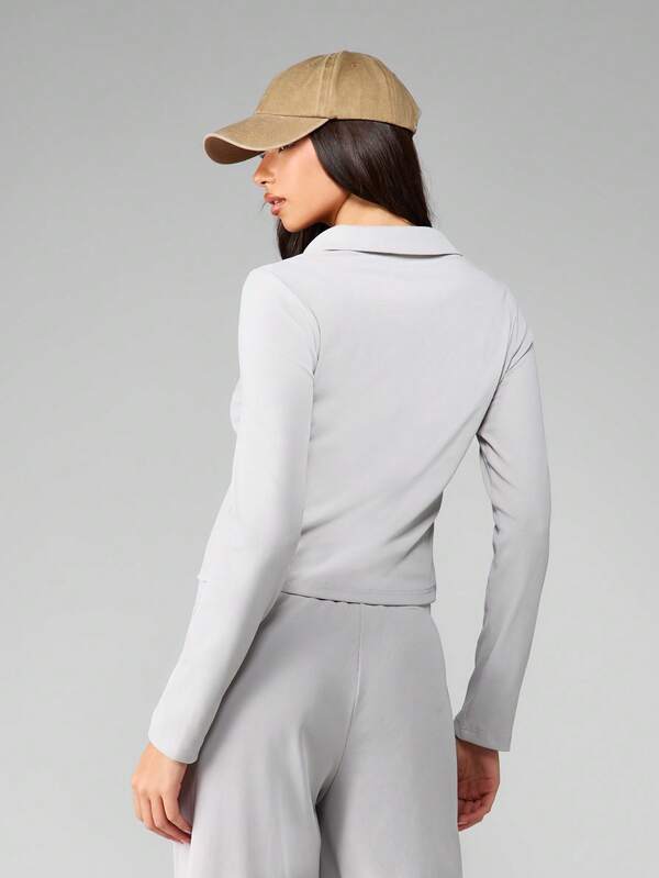 Missguided MISSGUIDED Ribbed Knit Half Button Polo Crop Top With Long Sleeves