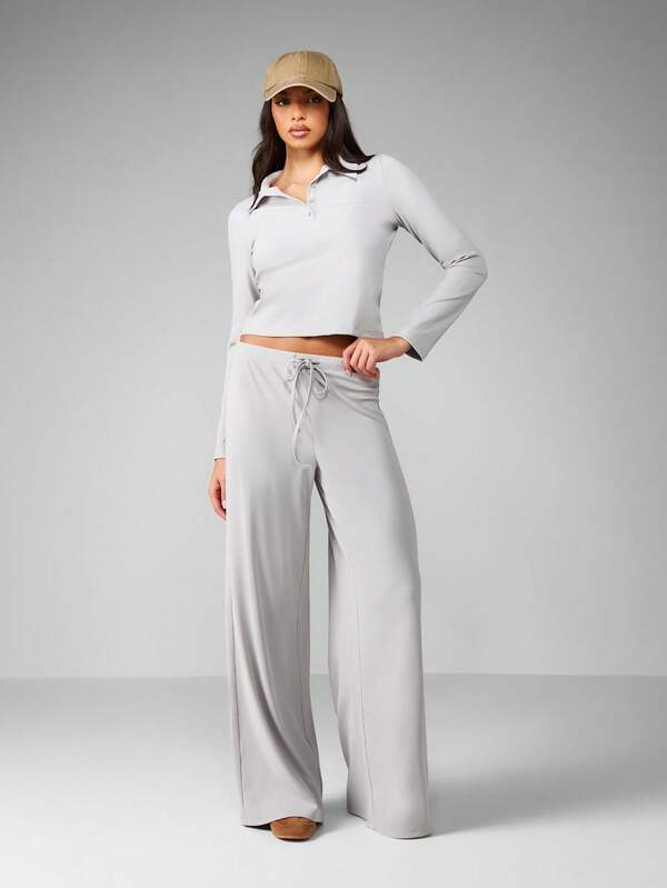 Missguided MISSGUIDED Ribbed Knit Half Button Polo Crop Top With Long Sleeves