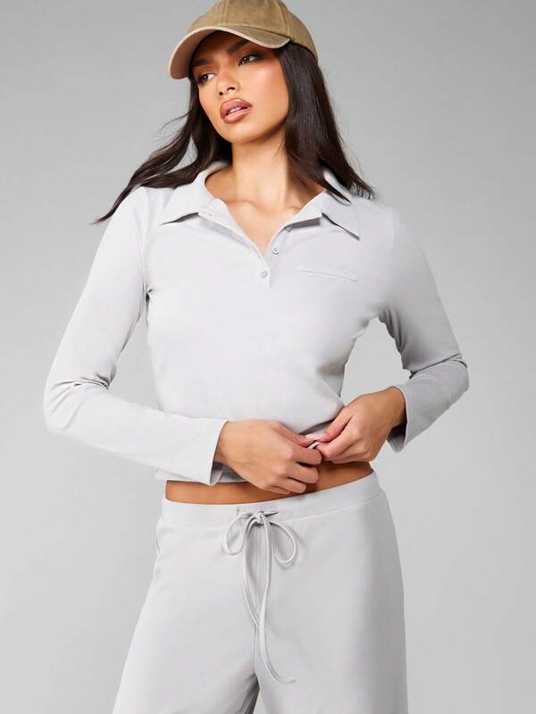 missguided MISSGUIDED Ribbed Knit Half Button Polo Crop Top With Long Sleeves