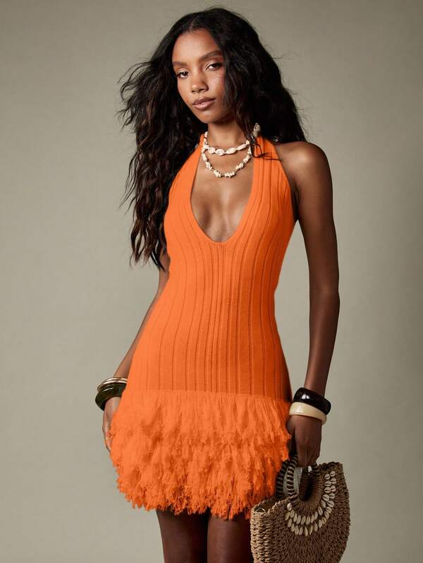 Missguided MISSGUIDED Ribbed Knit Halter Fringe Hem Fitted Sweater Dresses