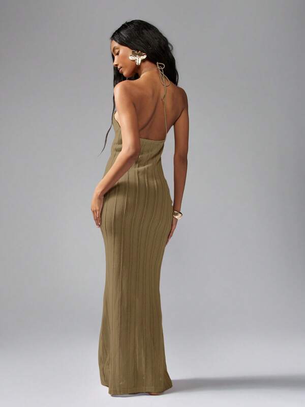 Missguided MISSGUIDED Ribbed Knit Halter Neck Bodycon Long Dress