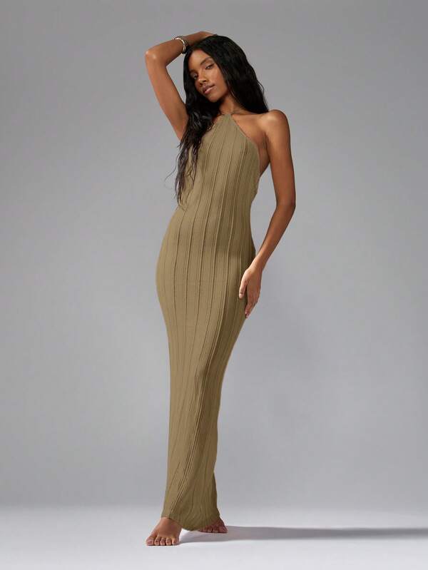 Missguided MISSGUIDED Ribbed Knit Halter Neck Bodycon Long Dress