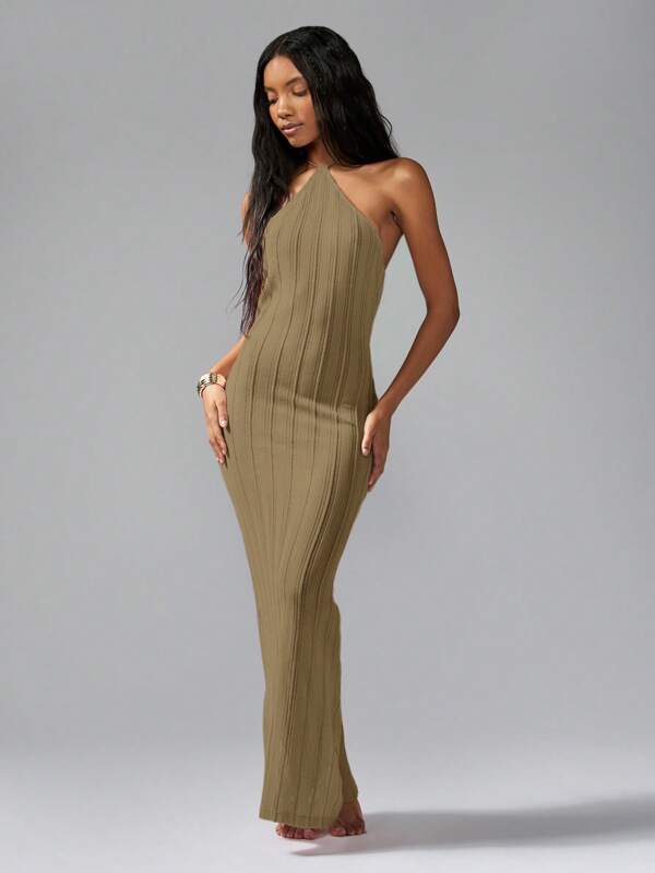 missguided MISSGUIDED Ribbed Knit Halter Neck Bodycon Long Dress