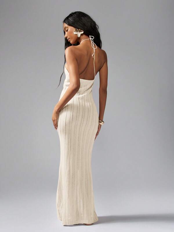Missguided MISSGUIDED Ribbed Knit Halter Neck Stretchy Bodycon Form Fitting Long Dress