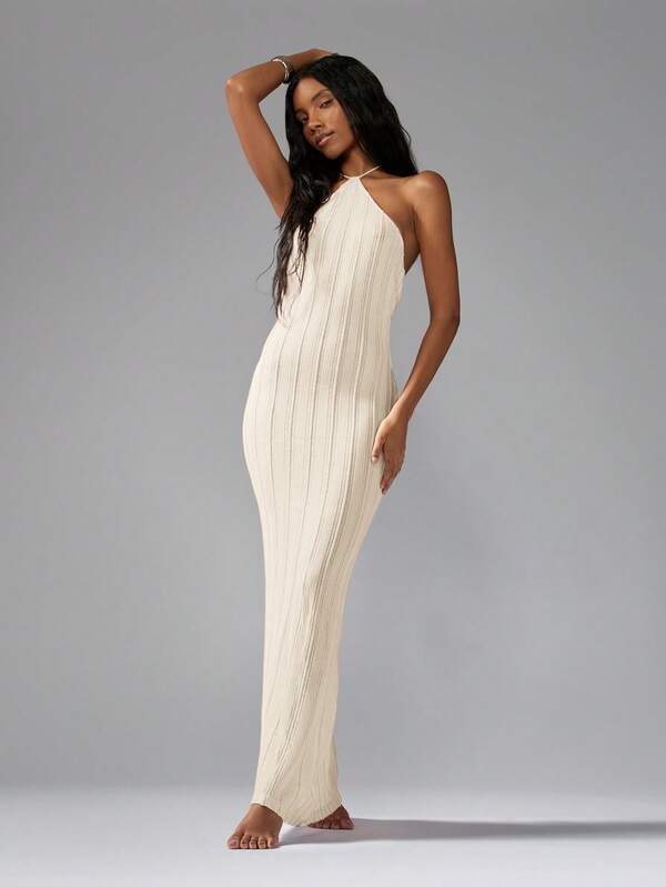 Missguided MISSGUIDED Ribbed Knit Halter Neck Stretchy Bodycon Form Fitting Long Dress