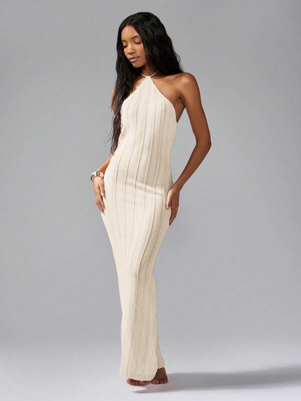 missguided MISSGUIDED Ribbed Knit Halter Neck Stretchy Bodycon Form Fitting Long Dress
