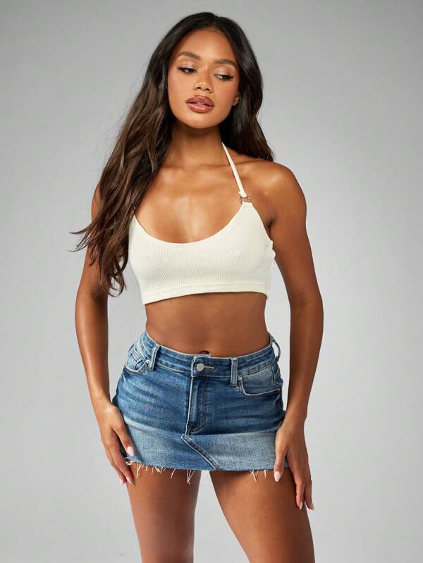 missguided MISSGUIDED Ribbed Knit Halter Sleeveless Cropped Tank Top