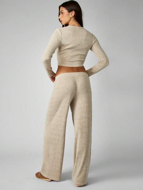 Missguided MISSGUIDED Ribbed Knit Henley Top With Wide Leg Pants Set