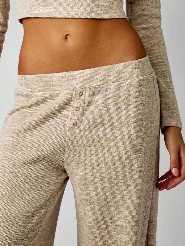 Missguided MISSGUIDED Ribbed Knit Henley Top With Wide Leg Pants Set