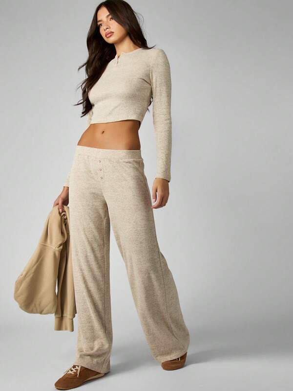 missguided MISSGUIDED Ribbed Knit Henley Top With Wide Leg Pants Set