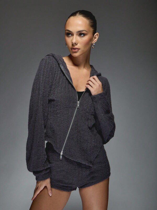missguided MISSGUIDED Ribbed Knit Hoodie And Shorts Set