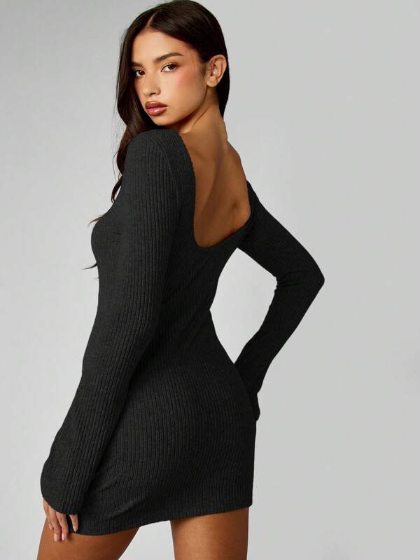 Missguided MISSGUIDED Ribbed Knit Long Sleeve Bodycon Mini Dress