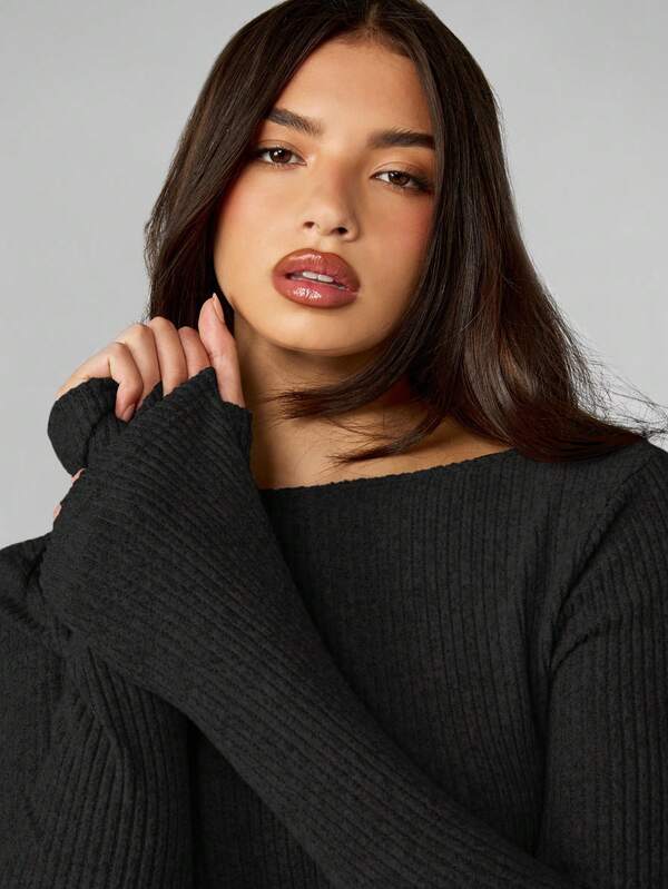 Missguided MISSGUIDED Ribbed Knit Long Sleeve Bodycon Mini Dress