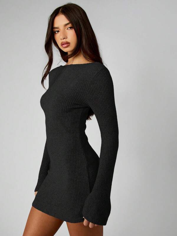missguided MISSGUIDED Ribbed Knit Long Sleeve Bodycon Mini Dress