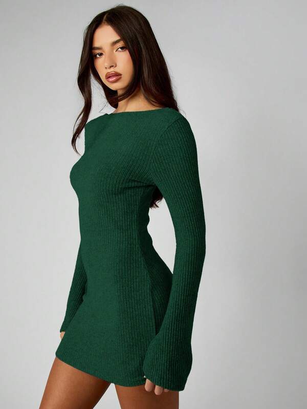 missguided MISSGUIDED Ribbed Knit Long Sleeve Mini Dress