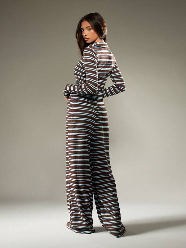 Missguided MISSGUIDED Ribbed Knit Long Sleeve Top With Wide Leg Pants Set