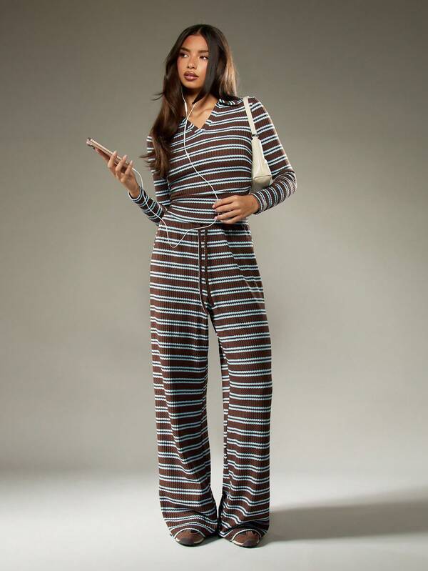 missguided MISSGUIDED Ribbed Knit Long Sleeve Top With Wide Leg Pants Set