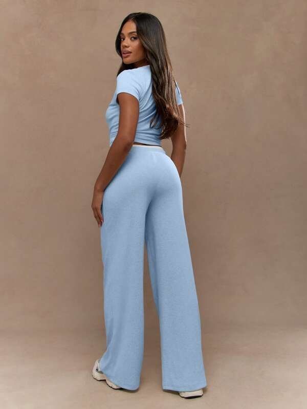 Missguided MISSGUIDED Ribbed Knit Matching Crop Top Wide Leg Pants Two Piece