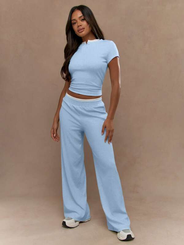 Missguided MISSGUIDED Ribbed Knit Matching Crop Top Wide Leg Pants Two Piece